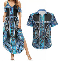 Aotearoa Ngati Porou Couples Matching Summer Maxi Dress and Hawaiian Shirt Maori Light Blue Tribal Paua Shell Pattern