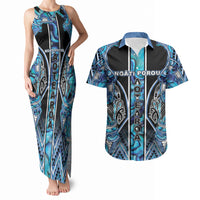 Aotearoa Ngati Porou Couples Matching Tank Maxi Dress and Hawaiian Shirt Maori Light Blue Tribal Paua Shell Pattern