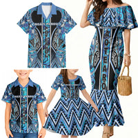 Aotearoa Ngati Porou Family Matching Mermaid Dress and Hawaiian Shirt Maori Light Blue Tribal Paua Shell Pattern