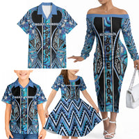 Aotearoa Ngati Porou Family Matching Off The Shoulder Long Sleeve Dress and Hawaiian Shirt Maori Light Blue Tribal Paua Shell Pattern