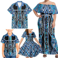 Aotearoa Ngati Porou Family Matching Off Shoulder Maxi Dress and Hawaiian Shirt Maori Light Blue Tribal Paua Shell Pattern