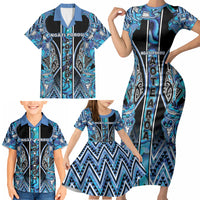 Aotearoa Ngati Porou Family Matching Short Sleeve Bodycon Dress and Hawaiian Shirt Maori Light Blue Tribal Paua Shell Pattern