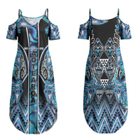 Aotearoa Ngati Porou Family Matching Summer Maxi Dress and Hawaiian Shirt Maori Light Blue Tribal Paua Shell Pattern