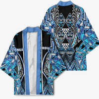 Aotearoa Ngati Porou Kimono Maori Light Blue Tribal Paua Shell Pattern