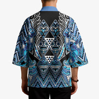 Aotearoa Ngati Porou Kimono Maori Light Blue Tribal Paua Shell Pattern