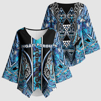Aotearoa Ngati Porou Kimono Sleeve Blouse Maori Light Blue Tribal Paua Shell Pattern