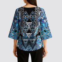 Aotearoa Ngati Porou Kimono Sleeve Blouse Maori Light Blue Tribal Paua Shell Pattern