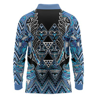 Aotearoa Ngati Porou Long Sleeve Polo Shirt Maori Light Blue Tribal Paua Shell Pattern
