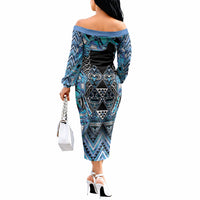 Aotearoa Ngati Porou Off The Shoulder Long Sleeve Dress Maori Light Blue Tribal Paua Shell Pattern