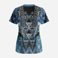 Aotearoa Ngati Porou Scrub Top Maori Light Blue Tribal Paua Shell Pattern