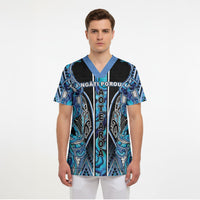 Aotearoa Ngati Porou Scrub Top Maori Light Blue Tribal Paua Shell Pattern