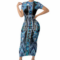 Aotearoa Ngati Porou Short Sleeve Bodycon Dress Maori Light Blue Tribal Paua Shell Pattern