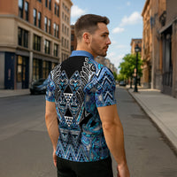 Aotearoa Ngati Porou Zipper Polo Shirt Maori Light Blue Tribal Paua Shell Pattern
