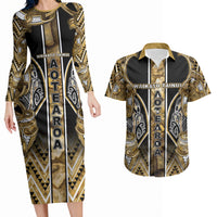 Aotearoa Waikato Tainui Couples Matching Long Sleeve Bodycon Dress and Hawaiian Shirt Maori Light Gold Tribal Paua Shell Pattern