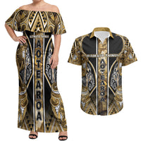 Aotearoa Waikato Tainui Couples Matching Off Shoulder Maxi Dress and Hawaiian Shirt Maori Light Gold Tribal Paua Shell Pattern