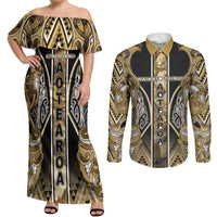 Aotearoa Waikato Tainui Couples Matching Off Shoulder Maxi Dress and Long Sleeve Button Shirt Maori Light Gold Tribal Paua Shell Pattern
