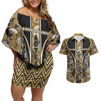 Aotearoa Waikato Tainui Couples Matching Off Shoulder Short Dress and Hawaiian Shirt Maori Light Gold Tribal Paua Shell Pattern