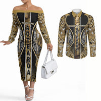 Aotearoa Waikato Tainui Couples Matching Off The Shoulder Long Sleeve Dress and Long Sleeve Button Shirt Maori Light Gold Tribal Paua Shell Pattern