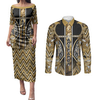 Aotearoa Waikato Tainui Couples Matching Puletasi and Long Sleeve Button Shirt Maori Light Gold Tribal Paua Shell Pattern