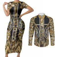 Aotearoa Waikato Tainui Couples Matching Short Sleeve Bodycon Dress and Long Sleeve Button Shirt Maori Light Gold Tribal Paua Shell Pattern
