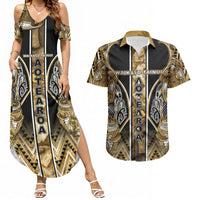 Aotearoa Waikato Tainui Couples Matching Summer Maxi Dress and Hawaiian Shirt Maori Light Gold Tribal Paua Shell Pattern