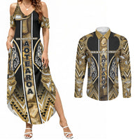 Aotearoa Waikato Tainui Couples Matching Summer Maxi Dress and Long Sleeve Button Shirt Maori Light Gold Tribal Paua Shell Pattern
