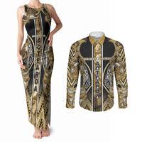 Aotearoa Waikato Tainui Couples Matching Tank Maxi Dress and Long Sleeve Button Shirt Maori Light Gold Tribal Paua Shell Pattern