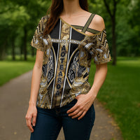 Aotearoa Waikato Tainui Cross Shoulder Shirt Maori Light Gold Tribal Paua Shell Pattern