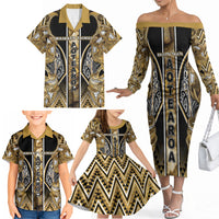 Aotearoa Waikato Tainui Family Matching Off The Shoulder Long Sleeve Dress and Hawaiian Shirt Maori Light Gold Tribal Paua Shell Pattern