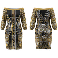 Aotearoa Waikato Tainui Family Matching Off The Shoulder Long Sleeve Dress and Hawaiian Shirt Maori Light Gold Tribal Paua Shell Pattern