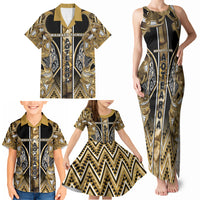 Aotearoa Waikato Tainui Family Matching Tank Maxi Dress and Hawaiian Shirt Maori Light Gold Tribal Paua Shell Pattern