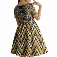 Aotearoa Waikato Tainui Kid Short Sleeve Dress Maori Light Gold Tribal Paua Shell Pattern