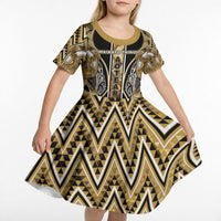 Aotearoa Waikato Tainui Kid Short Sleeve Dress Maori Light Gold Tribal Paua Shell Pattern