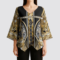 Aotearoa Waikato Tainui Kimono Sleeve Blouse Maori Light Gold Tribal Paua Shell Pattern
