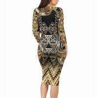 Aotearoa Waikato Tainui Long Sleeve Bodycon Dress Maori Light Gold Tribal Paua Shell Pattern