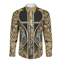 Aotearoa Waikato Tainui Long Sleeve Button Shirt Maori Light Gold Tribal Paua Shell Pattern