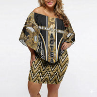Aotearoa Waikato Tainui Off Shoulder Short Dress Maori Light Gold Tribal Paua Shell Pattern