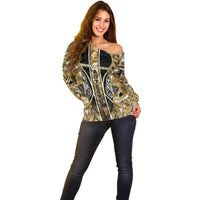 Aotearoa Waikato Tainui Off Shoulder Sweater Maori Light Gold Tribal Paua Shell Pattern