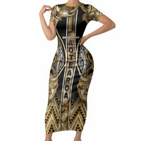 Aotearoa Waikato Tainui Short Sleeve Bodycon Dress Maori Light Gold Tribal Paua Shell Pattern