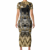 Aotearoa Waikato Tainui Short Sleeve Bodycon Dress Maori Light Gold Tribal Paua Shell Pattern