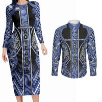 Aotearoa Ngati Kahungunu Couples Matching Long Sleeve Bodycon Dress and Long Sleeve Button Shirt Maori Tribal Blue Paua Shell Pattern