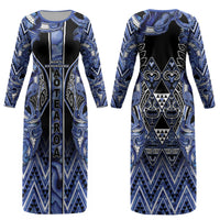 Aotearoa Ngati Kahungunu Couples Matching Long Sleeve Bodycon Dress and Long Sleeve Button Shirt Maori Tribal Blue Paua Shell Pattern