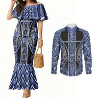 Aotearoa Ngati Kahungunu Couples Matching Mermaid Dress and Long Sleeve Button Shirt Maori Tribal Blue Paua Shell Pattern