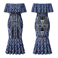Aotearoa Ngati Kahungunu Couples Matching Mermaid Dress and Long Sleeve Button Shirt Maori Tribal Blue Paua Shell Pattern
