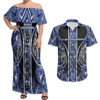 Aotearoa Ngati Kahungunu Couples Matching Off Shoulder Maxi Dress and Hawaiian Shirt Maori Tribal Blue Paua Shell Pattern