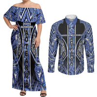 Aotearoa Ngati Kahungunu Couples Matching Off Shoulder Maxi Dress and Long Sleeve Button Shirt Maori Tribal Blue Paua Shell Pattern