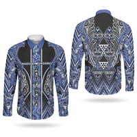 Aotearoa Ngati Kahungunu Couples Matching Off Shoulder Maxi Dress and Long Sleeve Button Shirt Maori Tribal Blue Paua Shell Pattern