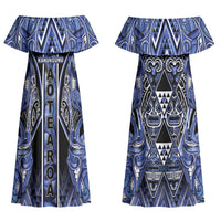 Aotearoa Ngati Kahungunu Couples Matching Off Shoulder Maxi Dress and Long Sleeve Button Shirt Maori Tribal Blue Paua Shell Pattern