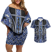 Aotearoa Ngati Kahungunu Couples Matching Off Shoulder Short Dress and Hawaiian Shirt Maori Tribal Blue Paua Shell Pattern