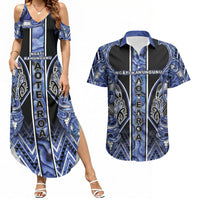 Aotearoa Ngati Kahungunu Couples Matching Summer Maxi Dress and Hawaiian Shirt Maori Tribal Blue Paua Shell Pattern